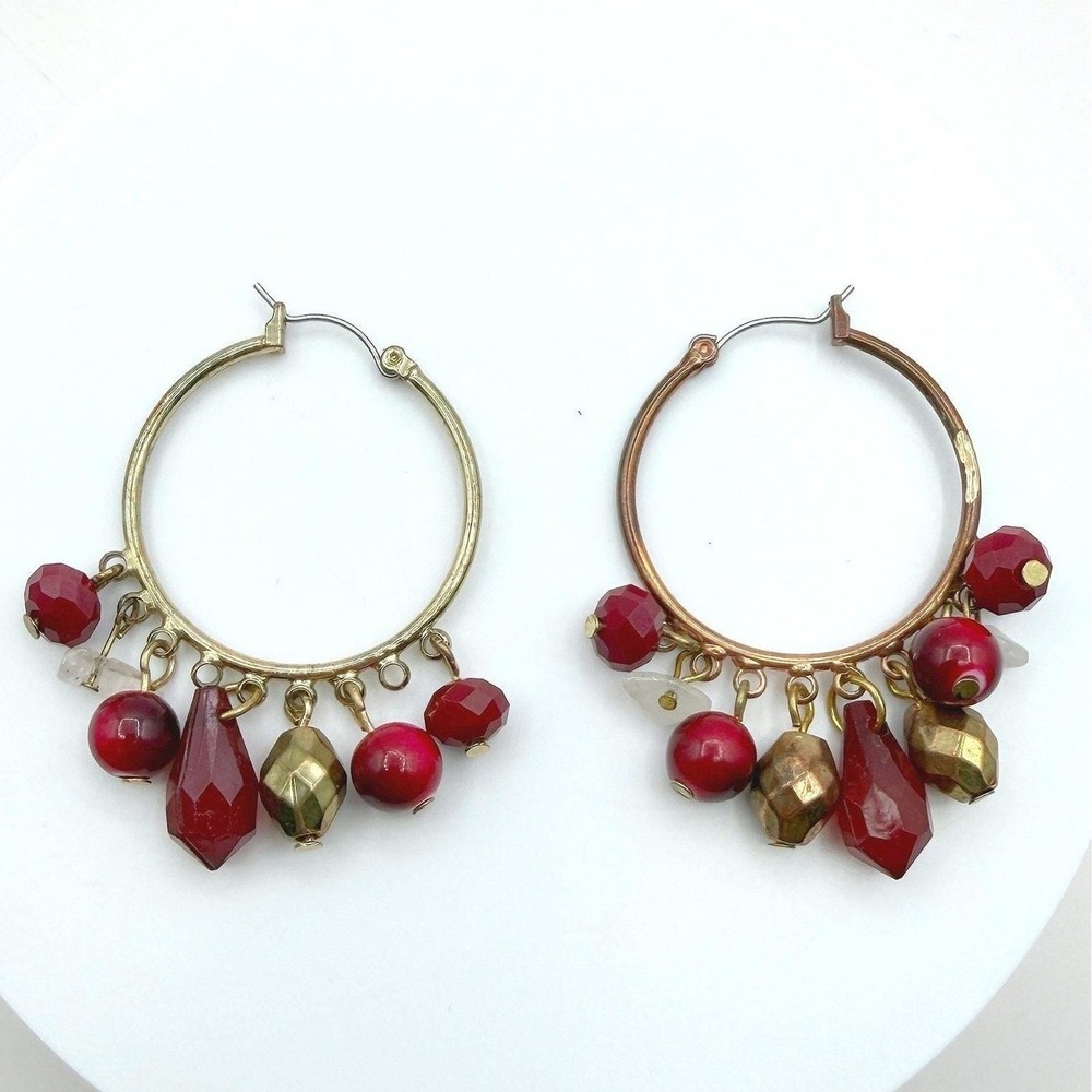 Vintage Gold Tone Hoop Red & Gold Bead Dangle Drop Earrings Pierced